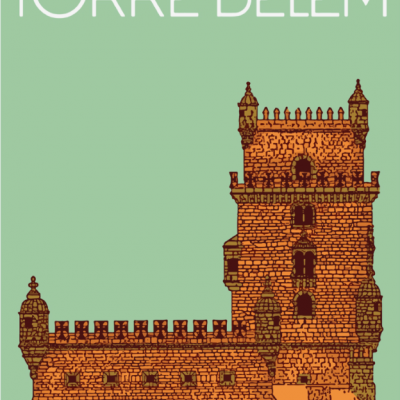 Ilustração da Torre de Belém com texto 'TORRE BELÉM' em fundo verde