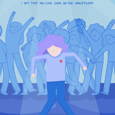 Desenho digital de pessoa a dançar com cabelo lilás, vestindo azul, rodeada de outras figuras azuis num ambiente iluminado com texto no topo.