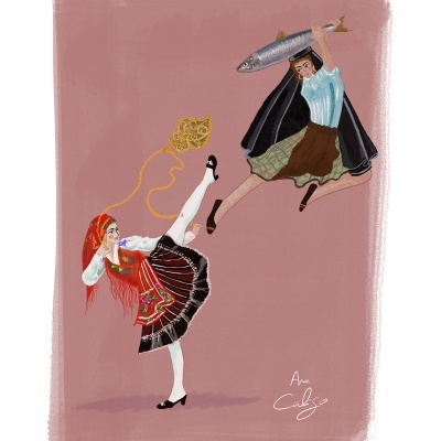 Ilustração de duas mulheres com roupas tradicionais e um peixe grande sobre fundo rosa.