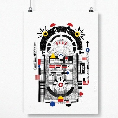 Póster artístico com design geométrico abstrato em várias cores pendurado em fundo branco