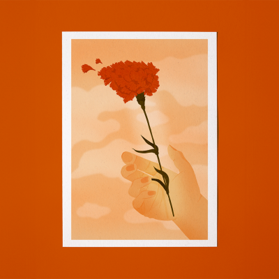 Ilustração de mão segurando flor vermelha num fundo laranja com nuvens