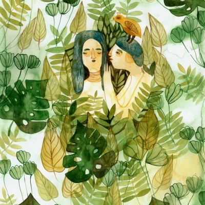 Ilustração em verde e amarelo com folhas e duas figuras femininas estilizadas, uma com pássaro laranja na cabeça