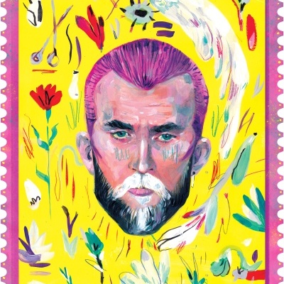 Ilustração artística de cabeça masculina com fundo amarelo e elementos florais