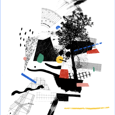 Composição abstrata colorida com formas geométricas, linhas, uma árvore e grelhas sobre fundo branco.