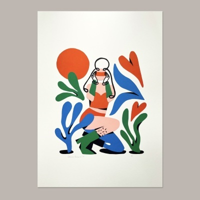 Ilustração colorida abstrata com figura humana e formas orgânicas em fundo branco