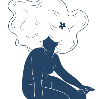 Ilustração minimalista de mulher com cabelo grande ondulado e flor