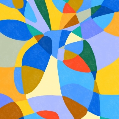 obra de arte abstrata com formas e cores variadas sobre fundo amarelo