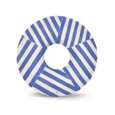 Colchão insuflável azul e branco com riscas diagonais