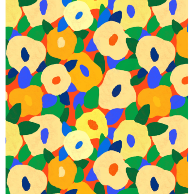 Padrão colorido de flores abstratas em tons amarelo, laranja, azul e verde