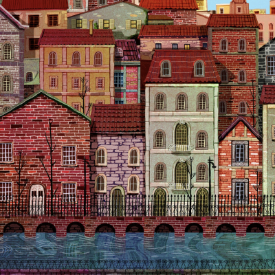 Ilustração de edifícios urbanos coloridos junto a um rio com ponte e céu azul