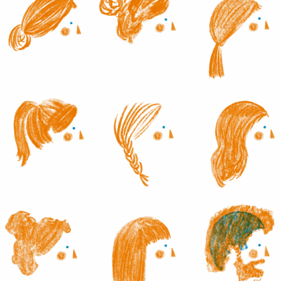 Nove desenhos de rostos de perfil com cabelo laranja em diferentes estilos sobre fundo branco