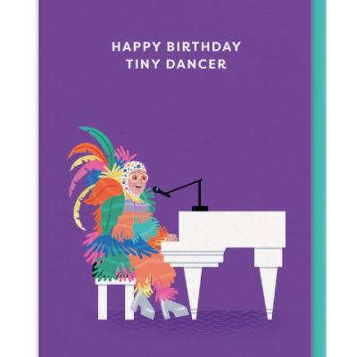 Cartão de aniversário com ilustração colorida e texto 'HAPPY BIRTHDAY TINY DANCER'