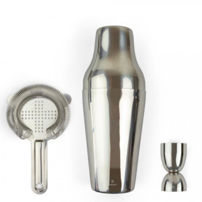Conjunto de bar inox com coqueteleira, coador e medida dupla