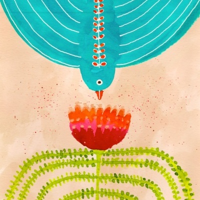 Ilustração colorida de pássaro azul sobre flor vermelha e laranja