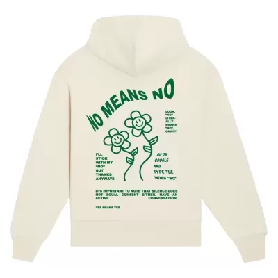 Camisola creme com capuz e estampa verde com flores e texto 'NO MEANS NO'