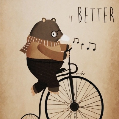 Ilustração de urso com bicicleta vintage e texto motivacional