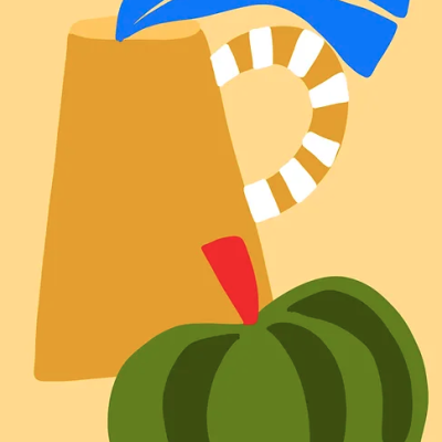 Jarro amarelo com alça riscada azul e branca ao lado de abóbora verde