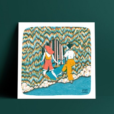 Ilustração colorida com duas pessoas e padrão ondulado na parede