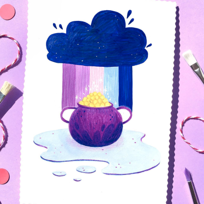 Desenho de nuvem azul e pote roxo com bolinhas amarelas em papel sobre superfície lilás