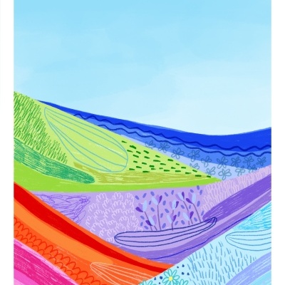 Pintura abstrata colorida com padrões ondulados e florais representando uma paisagem estilizada.