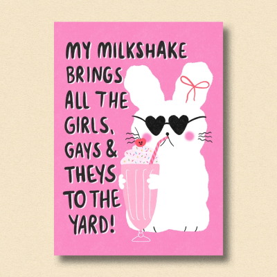 Póster rosa com texto e ilustração de coelho branco com óculos de sol e milkshake.