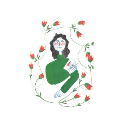Ilustração de pessoa com camisola verde rodeada por flores vermelhas e verdes, segurando fotografia colorida