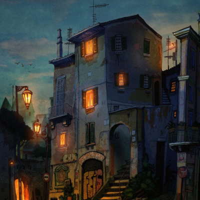 Rua antiga à noite com iluminação quente, graffiti, escadas e patinetes eléctricos