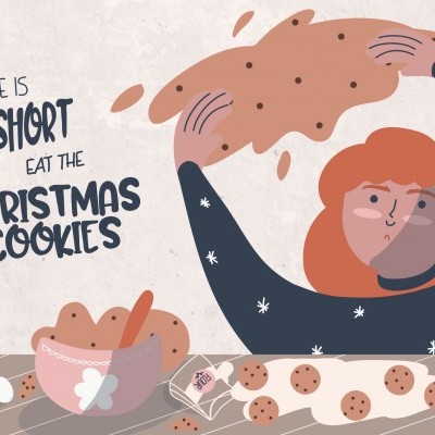 Ilustração de pessoa com biscoitos de Natal e texto motivacional