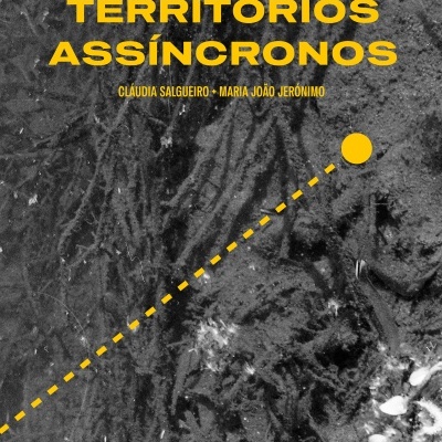 Cartaz com texto amarelo sobre fundo cinzento texturizado e linha pontilhada diagonal amarela