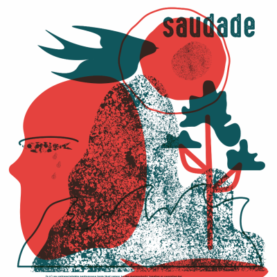 Ilustração abstrata com rosto feminino vermelho, pássaro azul e elementos naturais e texto 'saudade'.