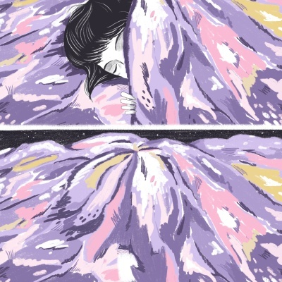 Ilustração de pessoa escondida debaixo de cobertor colorido em tons lilás, rosa, amarelo e branco