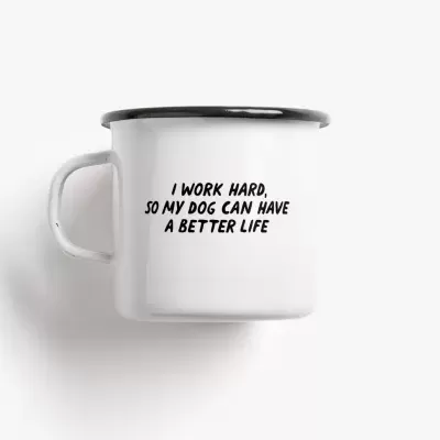 Caneca metálica branca com frase em preto