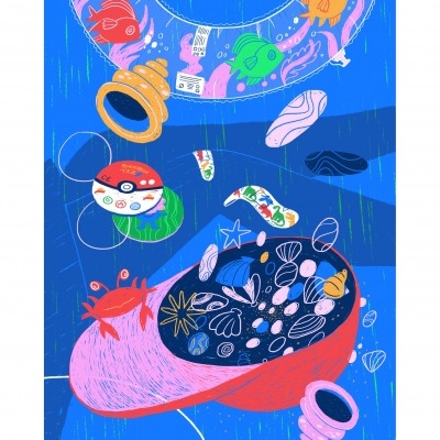 Ilustração colorida com peixes, caranguejo, concha e quebra-cabeças em fundo azul.