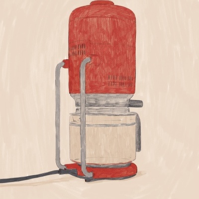 Aparelho de café vermelho com jarra transparente sobre fundo bege