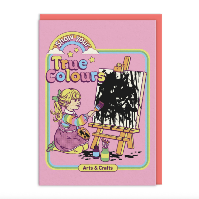 Cartão rosa com ilustração de criança a pintar numa tela e texto motivacional colorido