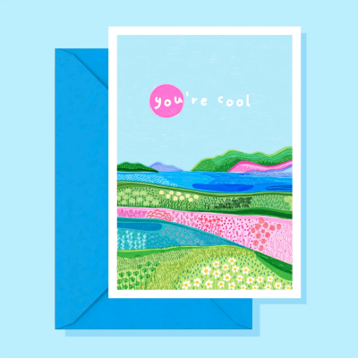 Cartão com paisagem campestre ilustrada e texto youre cool