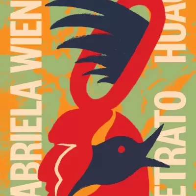 Capa de livro abstrata verde-laranja com texto branco e ilustração de ave estilizada vermelha e preta.