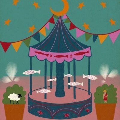 Ilustração de um carrossel decorativo com peixes e elementos coloridos