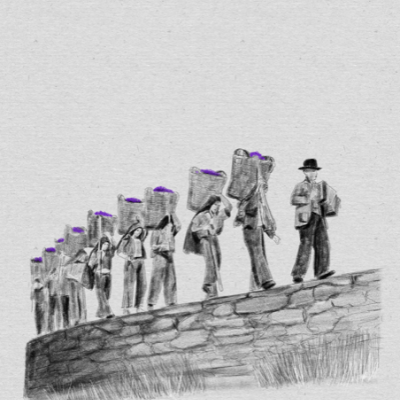 Desenho a preto e branco de pessoas carregando cestos com detalhe lilás numa parede de pedra