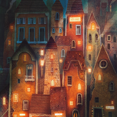 Ilustração de prédios antigos com janelas iluminadas e sinais 'WELCOME' e 'SW...'