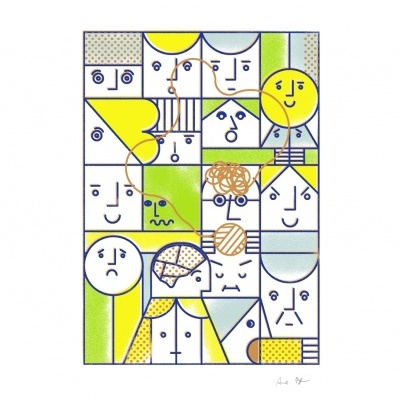 Ilustração abstrata de rostos geométricos em amarelo, verde, azul e branco