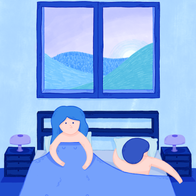 Desenho digital de um casal na cama com janela e texto na parede azul