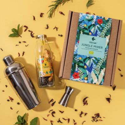Conjunto de bar com coqueteleira, doseador, garrafa de vidro e caixa decorativa Jungle Mixer