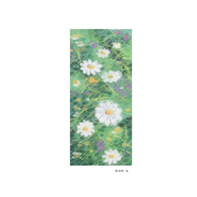 Pintura de flores margaridas brancas sobre fundo verde com detalhes amarelos e roxos