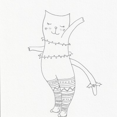 Desenho a preto e branco de um gato com collants e luzes de natal