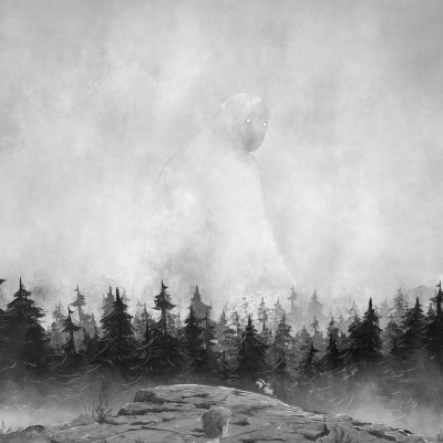 Menino em primeiro plano olhando para floresta e figura fantasmagórica na neblina