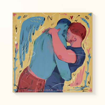 Ilustração de dois homens a abraçarem-se e beijarem-se com fundo amarelo, detalhes de corações, pétalas e texto.