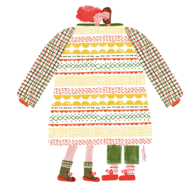 Ilustração de duas pessoas abraçadas com casaco colorido e padrão geométrico