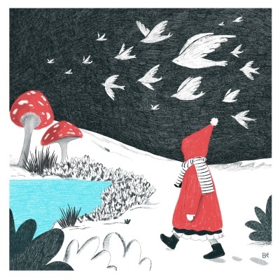 Criança de casaco e gorro vermelhos a caminhar na neve junto a cogumelos e água azul com pássaros brancos no céu escuro
