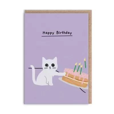 Cartão de aniversário lilás com gato branco e bolo com velas